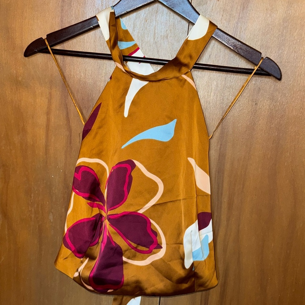 Sigrid Olsen Brown Floral Halter Crop Top with Magenta & Light Blue Accents